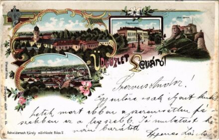1899 (Vorläufer) Léva, Levice; Főgimnázium, várrom. Schwidernoch Károly kiadása / grammar school, castle ruin. Art Nouveau, floral, litho (EK)