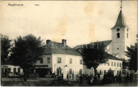 1909 Nagybiccse, Nagy-Bittse, Bytca: Fő tér, templom, Ifj. Kohn Mór és Hochfelder József üzlete. Sonnenfeld Vilmos kiadása / main square, church, shops (fl)