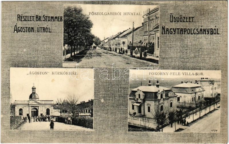 1912 Nagytapolcsány, Topolcany; Főszolgabírói hivatal, Ágoston közkórház, Pokorny féle villasor. Platzko Gyula kiadása / hospital court, villa alley (EK)