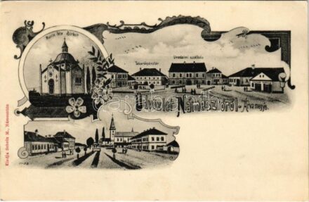 Námesztó, Námestovo; Murin-féle sírbolt, Takarékpénztár, Uradalmi szálloda, Fő tér. Schein M. kiadása / Murin crypt, savings bank, hotel, main square. Art Nouveau, floral