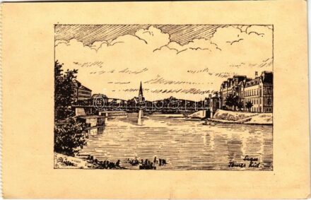 Lugos, Lugoj; Temes híd. Kiadja a Délvidéki Egyetemi és Főiskolai Hallgatók Egyesülete / Timis river bridge, irredenta art postcard s: Lamoss - képeslapfüzetből / from postcard booklet (EK)