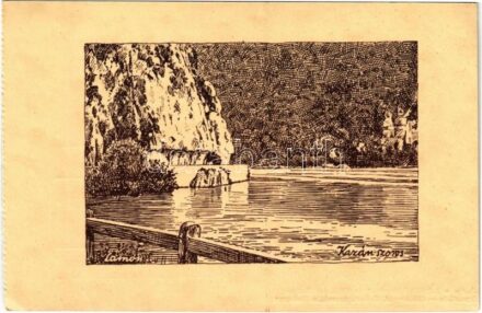 Orsova, Kazán-szoros, Cazane (Vaskapu-szoros, Portile de Fier); Kiadja a Délvidéki Egyetemi és Főiskolai Hallgatók Egyesülete / irredenta art postcard s: Lamoss - képeslapfüzetből / from postcard booklet (EK)