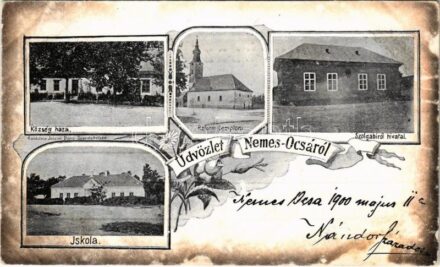 1900 Nemesócsa, Nemes-Ócsa, Zemianska Olca; községháza, iskola, református templom, szolgabírói hivatal. Goldstein Jozsua kiadása / town hall, school, Calvinist church, court. Art Nouveau, floral (fa)