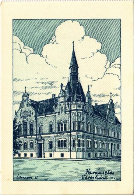 Karánsebes, Caransebes; Városháza. Kiadja a Délvidéki Egyetemi és Főiskolai Hallgatók Egyesülete / town hall, irredenta art postcard s: Lamoss - képeslapfüzetből / from postcard booklet