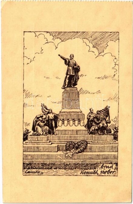 Arad, Kossuth szobor. Kiadja a Délvidéki Egyetemi és Főiskolai Hallgatók Egyesülete / statue, monument, irredenta art postcard s: Lamoss - képeslapfüzetből / from postcard booklet (EK)