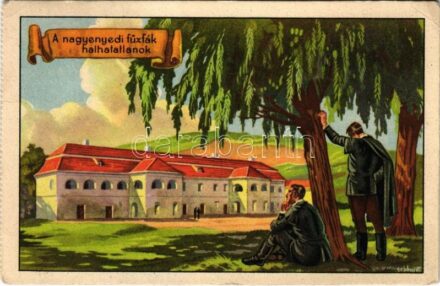 1939 Nagyenyed, Aiud; 'A nagyenyedi fűzfák halhatatlanok.' Kollégium. Kiadja a Székely Egyetemi és Főiskolai Hallgatók Egyesülete / Hungarian irredenta art postcard, college s: Gebhardt (képeslapfüzetből / from postcard booklet) (EK)