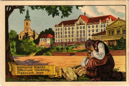 Székelyudvarhely, Odorheiu Secuiesc; Római katolikus főgimnázium és templom. Székely Egyetemi és Főiskolai Hallgatók egyesülete kiadása / church, grammar school, irredenta art postcard s: Gebhardt (képeslapfüzetből / from postcard