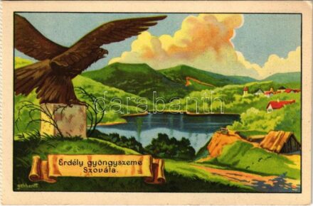 Szováta, Szovátafürdő, Sovata; 'Erdély gyöngyszeme Szováta' Kiadja a Székely Egyetemi és Főiskolai Hallgatók Egyesülete / Hungarian irredenta art postcard s: Gebhardt (képeslapfüzetből / from postcard booklet) (EK)