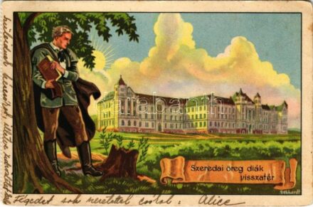 1940 Csíkszereda, Miercurea Ciuc; 'Szeredai öreg diák visszatér', Római katolikus gimnázium. Kiadja a Székely Egyetemi és Főiskolai Hallgatók Egyesülete / Hungarian irredenta art postcard, Catholic high school s: Gebhardt -
