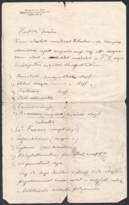 cca 1935 Molnár C. Pál (1894-1981) festőművész, grafikus által kézzel írt levél ismeretlennek, Jenő megszólítással, amelyben egy díjra beadott festményekről, általa illusztrált könyvekről és metszetekről állít össze