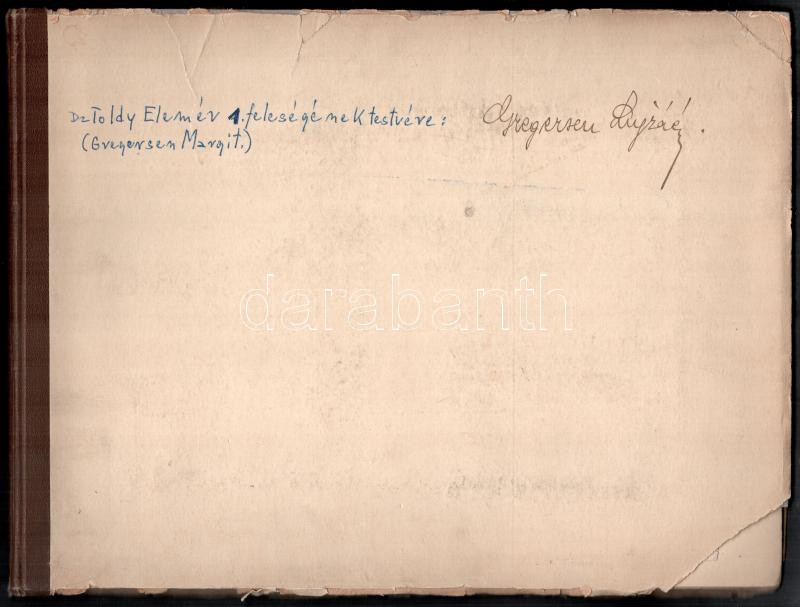 1930 Gregersen Guilbrand (1824-1910) építési vállalkozó lányaihoz köthető fotóalbum, benne a Magyar Iparművészeti és Háziipari Kiállítás és Vásár fotóival és életképekkel, 'dr. Toldy Elemérné 1. feleségének testvére: