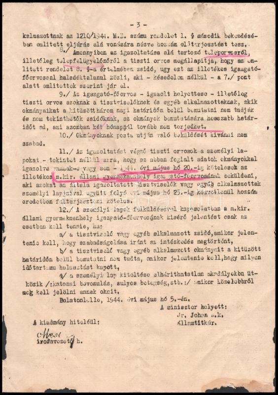 1944. május Belügyminiszteri nyomtatott rendelkezés gyermekmenhelyeken dolgozó zsidók elbocsátásáról - Image 3