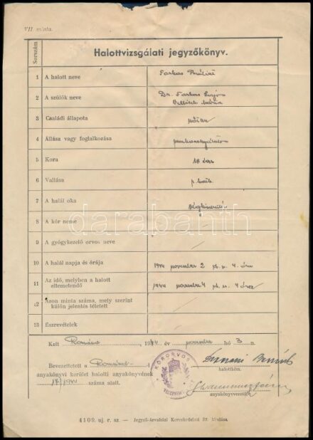 1944 Románd, munkaszolgálatos halottvizsgálati jegyzőkönyve, halál oka: végkimerülés