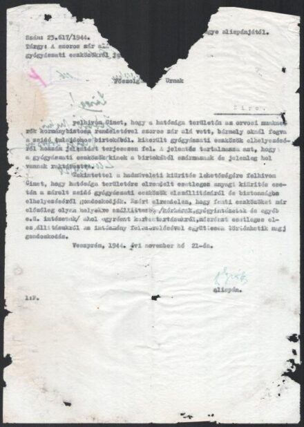 1944. november, Alispáni leirat zsidóktól zár alá vett gyógyászati eszközökről, sérült!