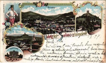 1897 (Vorläufer) Selmecbánya, Banská Stiavnica; látkép, Bányászati és Erdészeti Akadémia palotája, Hegybányai (Szélaknai) kapu, Piargi kapu, Leányvár, Kálvária, bányász / Piargská (Frauenbergská) brána, Novy zámok, Kalvária