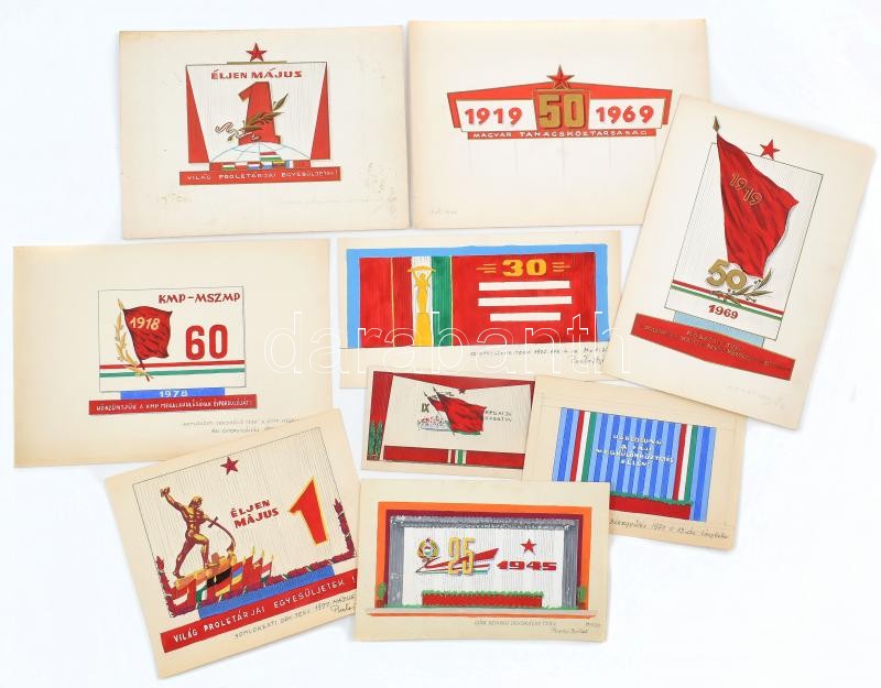 1974-1978 Szocreál plakát-, oklevél-, bélyeg-, stb. tervek, kézzel készült egyedi grafikák, némelyik jelzett, vegyes méretben