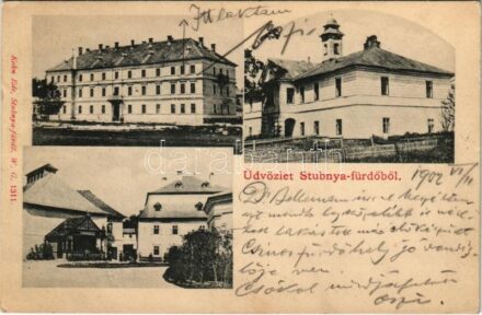 1902 Stubnyafürdő, Túróchévíz, Stubnianske Teplice, Turcianske Teplice; Erzsébet lak, Vörös tükör, Kőház, Kápolna. Kohn Ede W.G. 1311. / villas, spa, chapel (ázott sarok / wet corner)