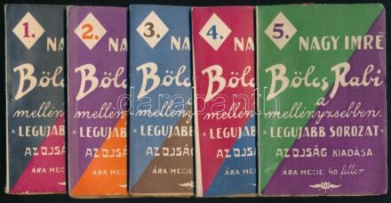 Nagy Imre: Bölcsi Rabi a mellényzsebben. Legujabb sorozat. 1-5. füzet. Bp., 1928., Az Ojság, 64+65-128+129-192+193-256+257-320 p. Kiadói papírkötések, a 1. füzet hátsó borítóján gyűrődés, a 2. kötet elülső borítóján