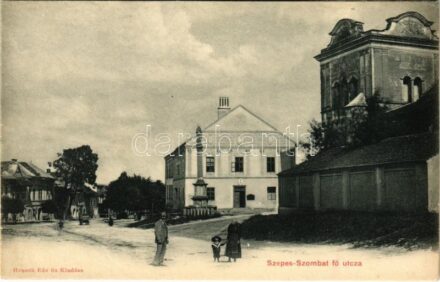 Szepesszombat, Spisská Sobota; Fő utca, városháza, templom. Hensch Ede fia kiadása / main street, town hall, church