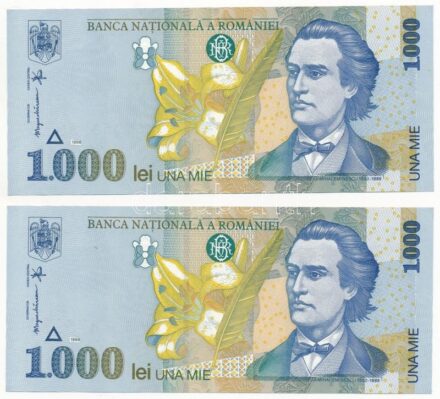 Románia 1998. 1000L (2x) '005D 5875975 - 005D 5875976' sorszámkövetők T:I-II hajtatlan Romania 1998. 1000 Lei (2x) '005D 5875975 - 005D 5875976' consecutive serials C:UNC-XF unfolded
