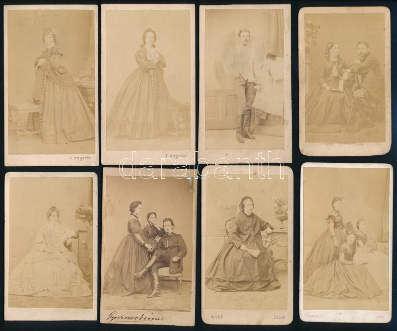cca 1860-1870 Konkoly, Asbóth, Tanner, Hunkár családokhoz köthető, vegyes fotó tétel, 12 db, egy részük a hátán feliratozva, Bécs, Angerer (2 db), Székesfehérvár, Schmidt V., Pest, Borsos és Doctor (2 db), Lugos, Hess Fridolin (2