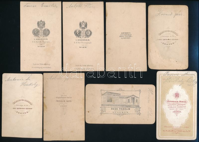 cca 1860-1870 Konkoly, Asbóth, Tanner, Hunkár családokhoz köthető, vegyes fotó tétel, 12 db, egy részük a hátán feliratozva, Bécs, Angerer (2 db), Székesfehérvár, Schmidt V., Pest, Borsos és Doctor (2 db), Lugos, Hess Fridolin (2 - Image 2