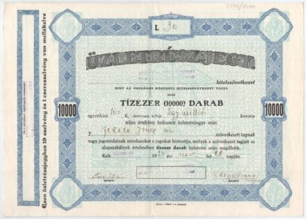 1924. 'Kálmáncsai Hitelszövetkezet' névre szóló tízezer üzletrészjegye egyben, összesen 1.000.000K-ról, szelvényekkel + 1946. 'Mezőgazdasági Ipar R.T.' részvény elismervénye száz darab részvényről, összesen 1500P értékben,