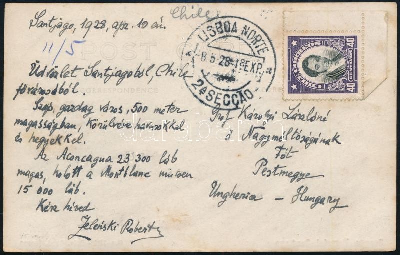 1928 Gróf Zselénszky/Zelenski Róbert (1850-1939) nagybirtokos, közgazdasági író, császári és királyi kamarás, főrendiházi tag saját kézzel írt képeslapja, saját kezű aláírásával, Santiago-ból, Chiléből, haza, Fótra, - Image 2