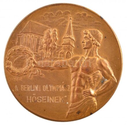 1936. 'Miskolc' kétoldalas, vert, aranyozott bronz sport díjérem 'A BERLINI OLYMPIÁSZ HŐSEINEK' gravírozással, 'BERÁN N BPEST' gyártói jelzéssel, eredeti Berán Nándor gyártói tokban. Szign.: Szabó S. (40mm) T:1- kopott aranyozás /