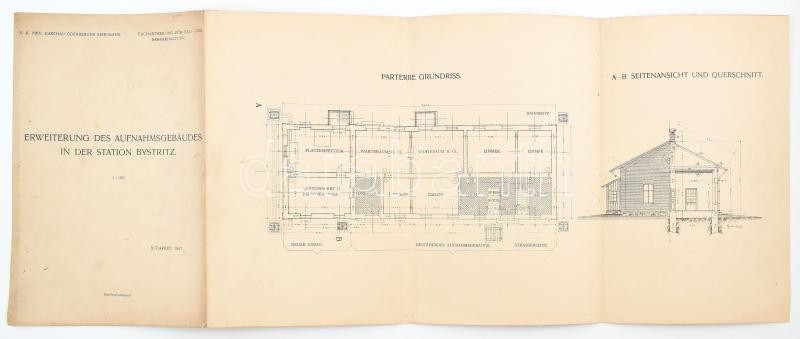 1907 Bp., K.k. priv. Kaschau-Oderberger Eisenbahn Erweiterung des Aufnahmsgebäudes in der Station Bystritz, 33×61 cm