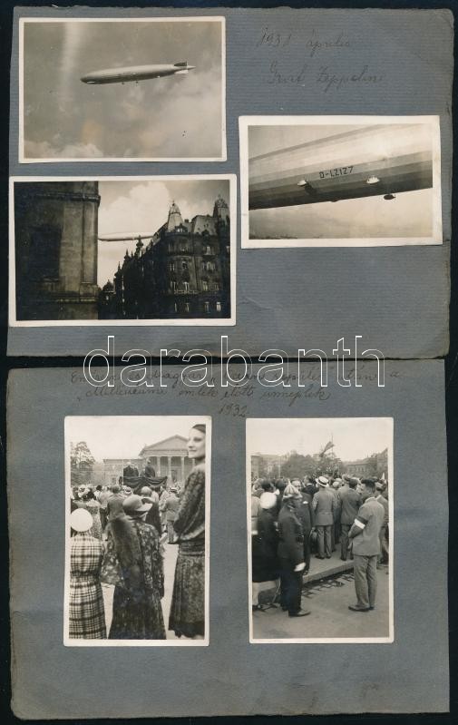1931 Zeppelin Budapesten, 8 fotó kartonra kasírozva, 2 db további más jellegű fotó az egyik karton hátoldalán, Endresz György (1893-1932) és Magyar Sándor tiszteletére rendezett ünnepség fotóival, összesen 10 db fotó 2 db kartonra