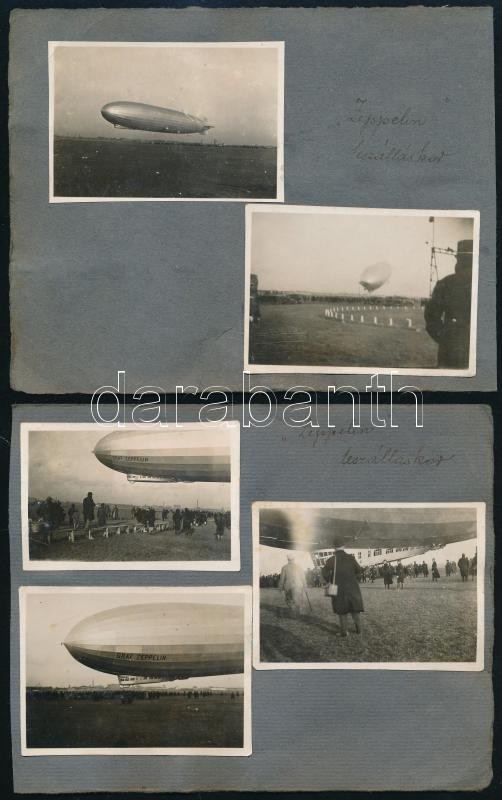 1931 Zeppelin Budapesten, 8 fotó kartonra kasírozva, 2 db további más jellegű fotó az egyik karton hátoldalán, Endresz György (1893-1932) és Magyar Sándor tiszteletére rendezett ünnepség fotóival, összesen 10 db fotó 2 db kartonra - Image 2