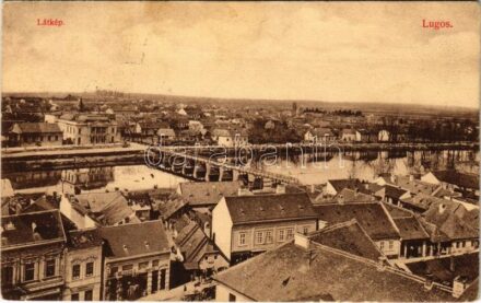 1912 Lugos, Lugoj; látkép, híd, színház. Nagel Sándor kiadása / general view, bridge, theatre + 'ORSOVA - BUDAPEST 179. SZ. B' vasúti mozgóposta bélyegző (fa)