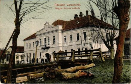 1909 Varannó, Vránov nad Toplou; Magyar Korona szálloda, fahíd. Spira Ábrahám kiadása / hotel, wooden bridge (EK)