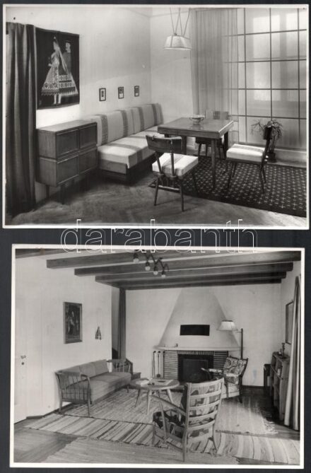 cca 1940 Kaesz Gyula (1897-1967) belsőépítész, építész, bútortervező, grafikus, főiskolai tanár által tervezett szoba belsők fotói, 3 db, feltehetőleg a pestszentlőrinci Wiener-villa belső teréről, a fotókon értékes