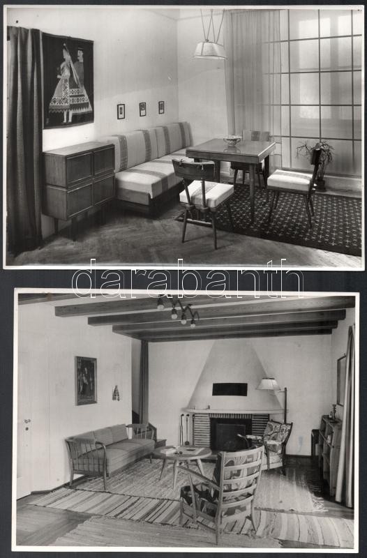 cca 1940 Kaesz Gyula (1897-1967) belsőépítész, építész, bútortervező, grafikus, főiskolai tanár által tervezett szoba belsők fotói, 3 db, feltehetőleg a pestszentlőrinci Wiener-villa belső teréről, a fotókon értékes