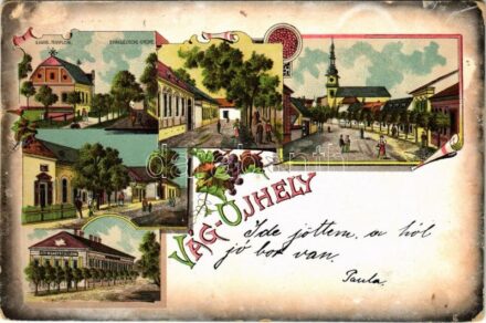 1899 (Vorläufer) Vágújhely, Waag-Neustadt, Nové Mesto nad Váhom; Evangélikus templom (tornyot csak 1932-ben építettek hozzá), Neubauer szálloda, utca. Brück Samu kiadása / Lutheran church (tower was built in 1932), hotel, streets. Art