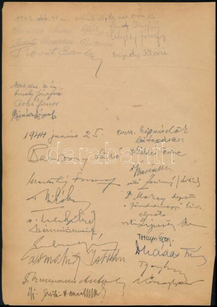 1944 18 országgyűlési képviselő látgatása a kőszegi Hörmann-forrás turistaházában. Egy lap a turistaház emlékkönyvéből. Bárdossy László, volt miniszerelnök, Ember Sándor, Tornyos György, Takács Ferenc, Cserman Antal, vitéz