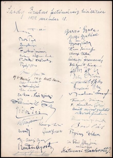 Sárdy Brutus (1892-1970) festőművész 1959-ben rendezett kiállítása alkalmából készített vendégkönyv, sok-sok neves festőművész, művészettörténész és más személyiség autográf aláírásával: Kmetty János, Farkasházy