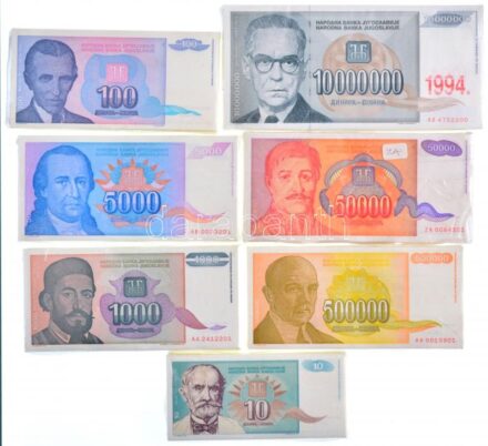 Jugoszlávia 1994. 10D (100x) sorszám nélkül + 100D (100x) sorszám nélkül + 1000D (100x) sorszámkövetők 'AA 2412201' sorszámtól + 5000D (100x) sorszámkövetők 'AB 0033201' sorszámtól + 50.000D (100x) pótkiadás, sorszámkövetők