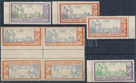 1925 Aero Szeged 1000K és 2000K félhivatalos ívszéli repülőbélyegek + 2000K színváltozat + értékszám nélküli 1000K ívszéli + 2000K ívközéprészes fordított négyestömb eltolódott színnyomattal. Érdekes és ritka