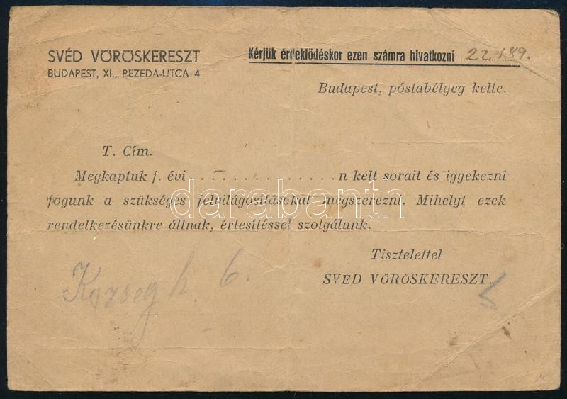 1944 Svéd Vöröskereszt tudakozó lapjának fejléce, Armuth Mór zsidó származású dunakeszi lakos ügyében, de kérdőív nélkül, hajtott. - Image 2