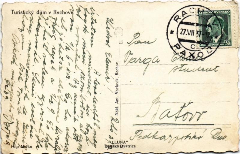 1937 Rahó, Rachov, Rahiv, Rakhiv; Turista szálló és étterem, takarékpénztár, dohány üzlet, autó / Turisticky dum, restaurace, Velkoprodej tabáku / Tourist hotel and restaurant, savings bank, tobacco shop, automobil (EK) - Image 2