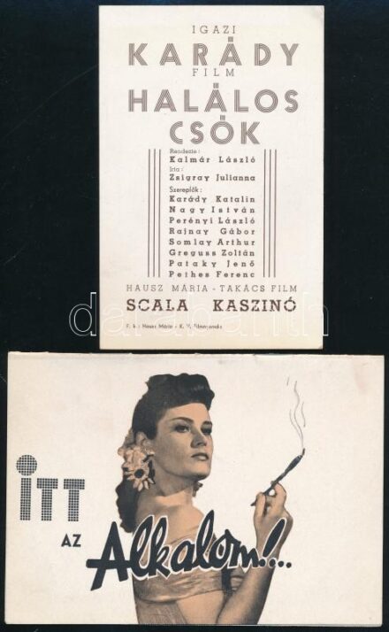 1942 Karády Katalin Itt az alkalom és Halálos csók című filmjeinek ismertetője, 2 db