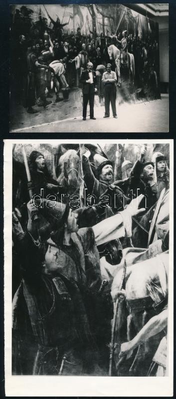 cca 1950-60 Munkácsy Mihály (1844-1900) Honfoglalás c. monumentális festményéről, egyik főművéről készült ösz. 9 db fotó, amelyek restaurálás előtti, közbeni és utáni állapotát szemlélteti. Egyik felvételen Sárdy Brutus