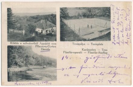 1915 Karánsebes, Caransebes; Kilátás a szilvakertből, teniszpálya, uszoda. Füszfás Sándor kiadása / Aussicht vom Pflaumen Garten / villa, beach, tennis court (fl)