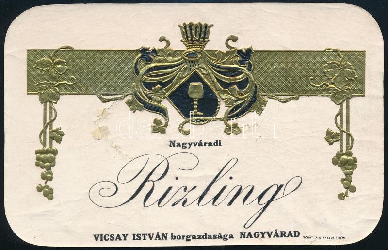 Nagyváradi Rizling szecessziós dombornyomott italcímke, szakadással