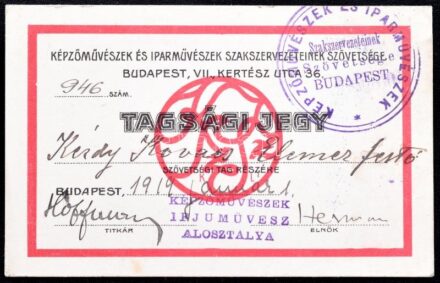 1919 Kézdi-Kovács Elemér (1898-1976) festőművész igazolványa, Képzőművészek és Iparművészek Szakszervezeteinek Szövetsége tagsági jegye, Herman Lipót (1884-1972) elnök és Hoffmann Lajos titkár autográf aláírásaival,
