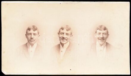 1890 Kézdi-Kovács László (1864-1942) festőművész hármas portréja, vintage keményhátú trükkfotó, Oroszi Lajos nagybecskereki műterméből, hátoldalán feliratozott, bal alsó sarkában kissé sérült és hiányos, középső