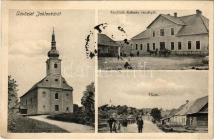 1908 Jablonka (Árva vármegyéhez tartozott a Trianonig), Római katolikus templom, Fő út, Tandlich Kálmán vendéglője és saját kiadása / church, main street, restaurant (EK)